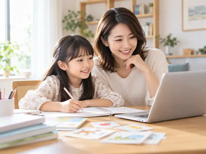 엄마와 아이가 노트북과 학습자료를 보며 함께 공부하는 모습